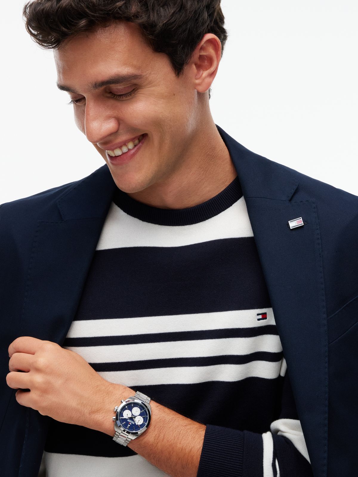 Flag Embroidery Crew Neck Jumper — Blue
