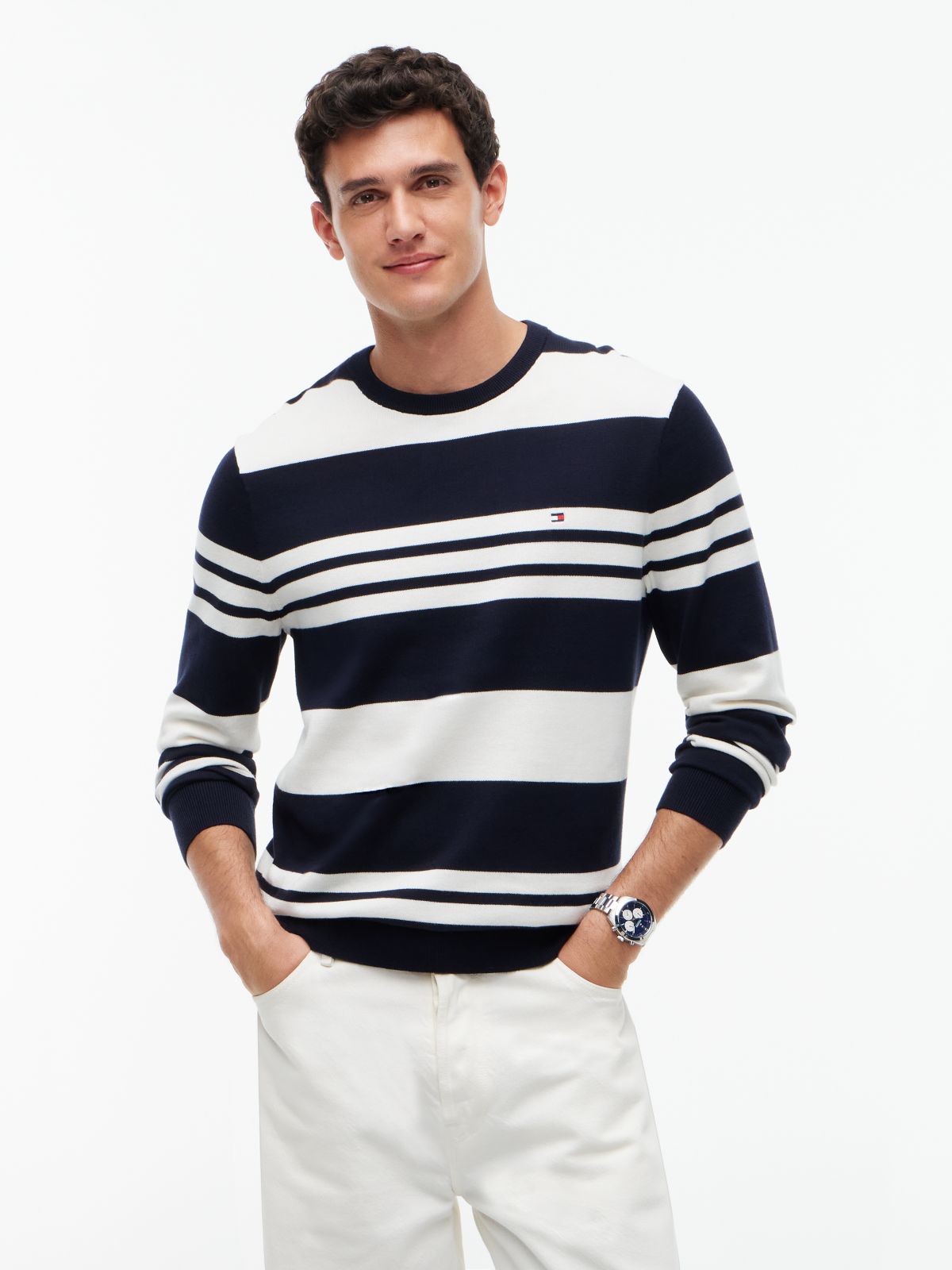 Flag Embroidery Crew Neck Jumper — Blue