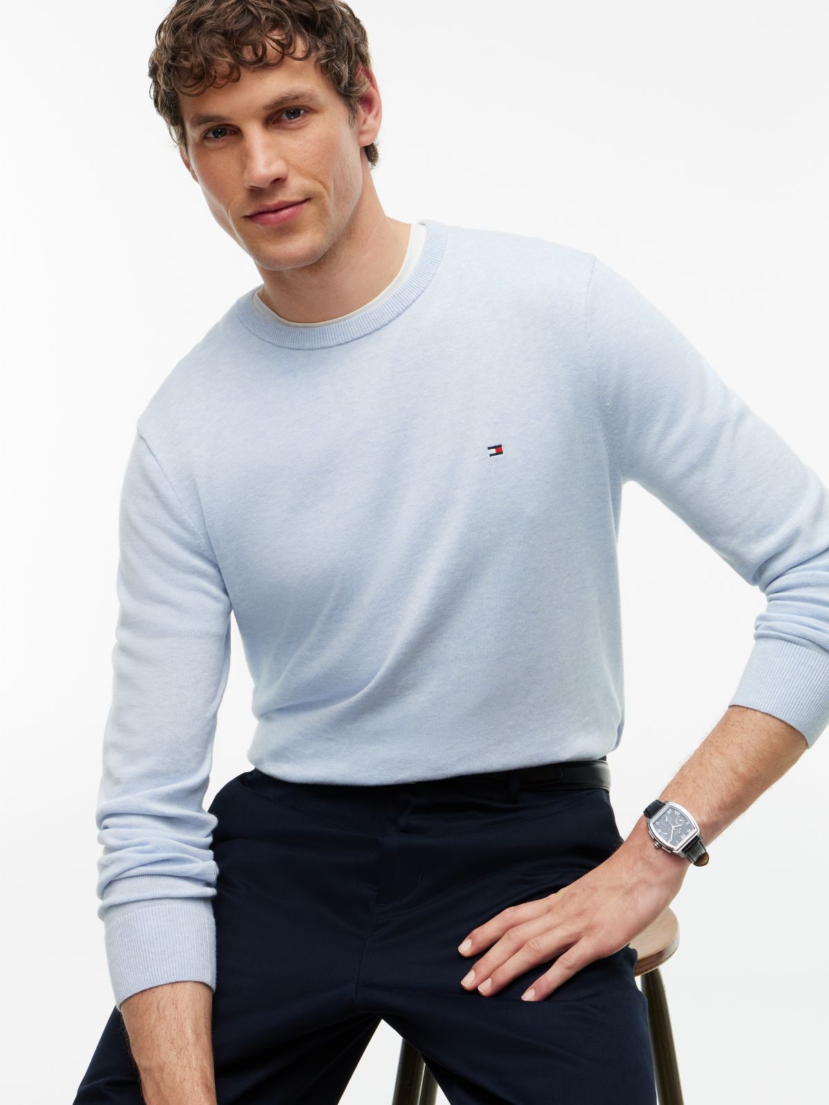 Flag Embroidery Crew Neck Jumper — Blue
