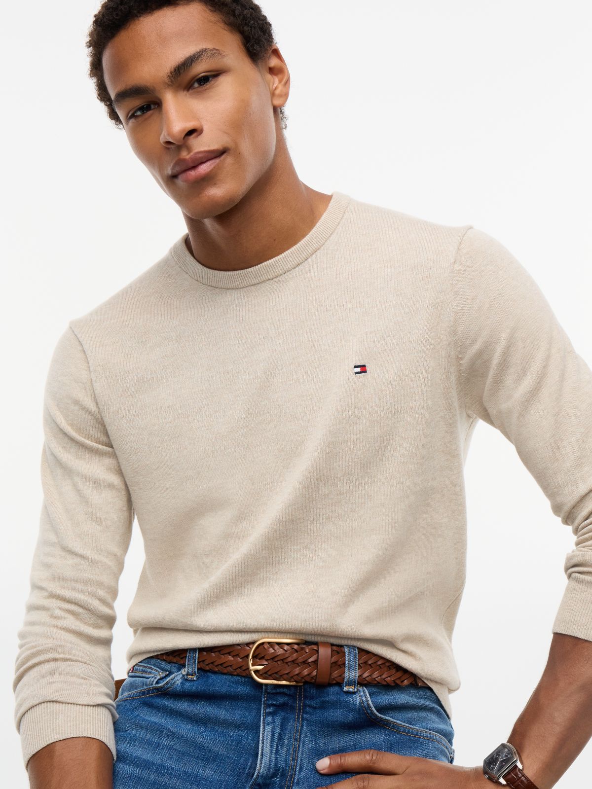 Flag Embroidery Crew Neck Jumper — Khaki