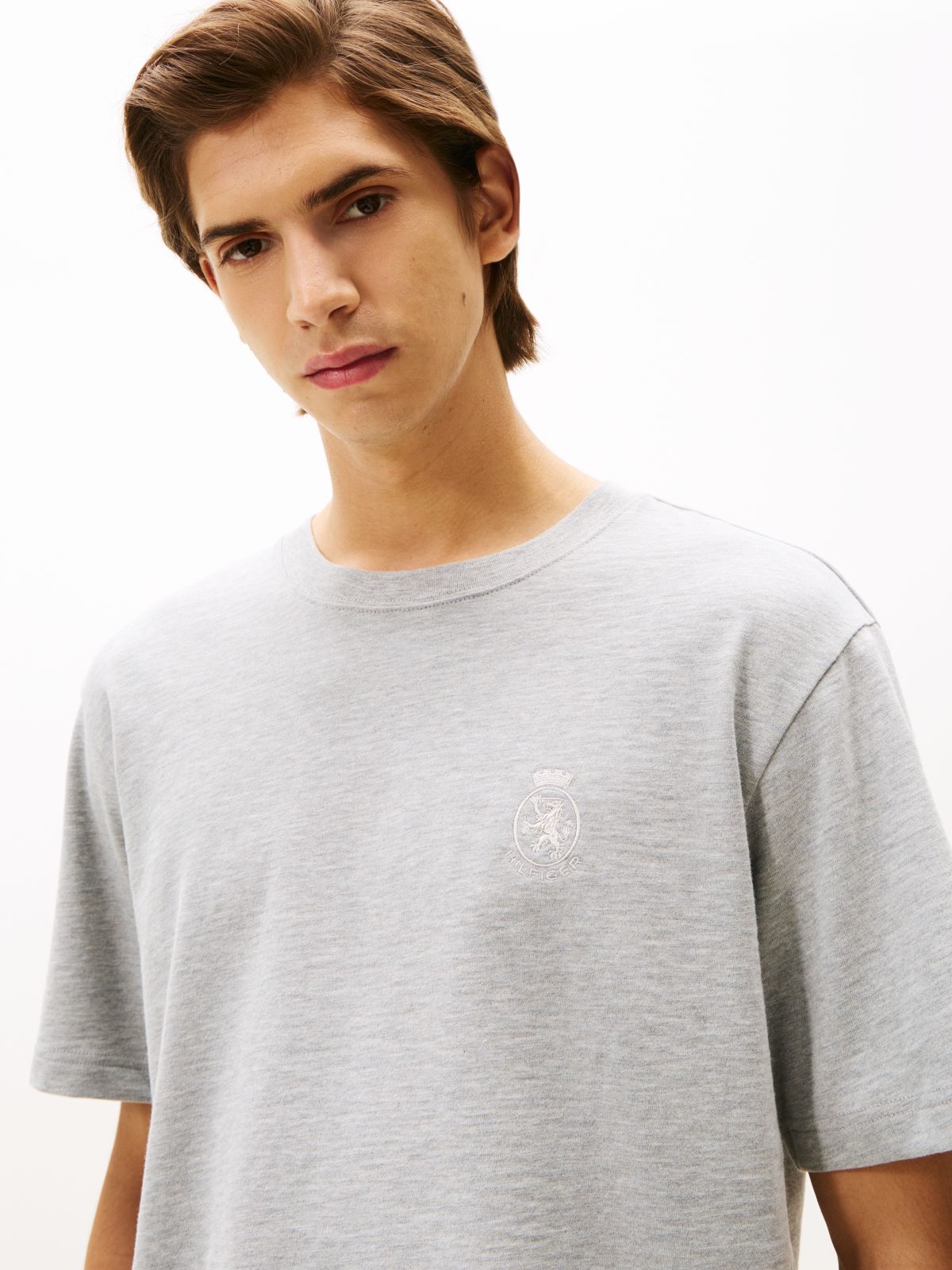 Varsity Textured Crest Embroidery T-Shirt — Grey