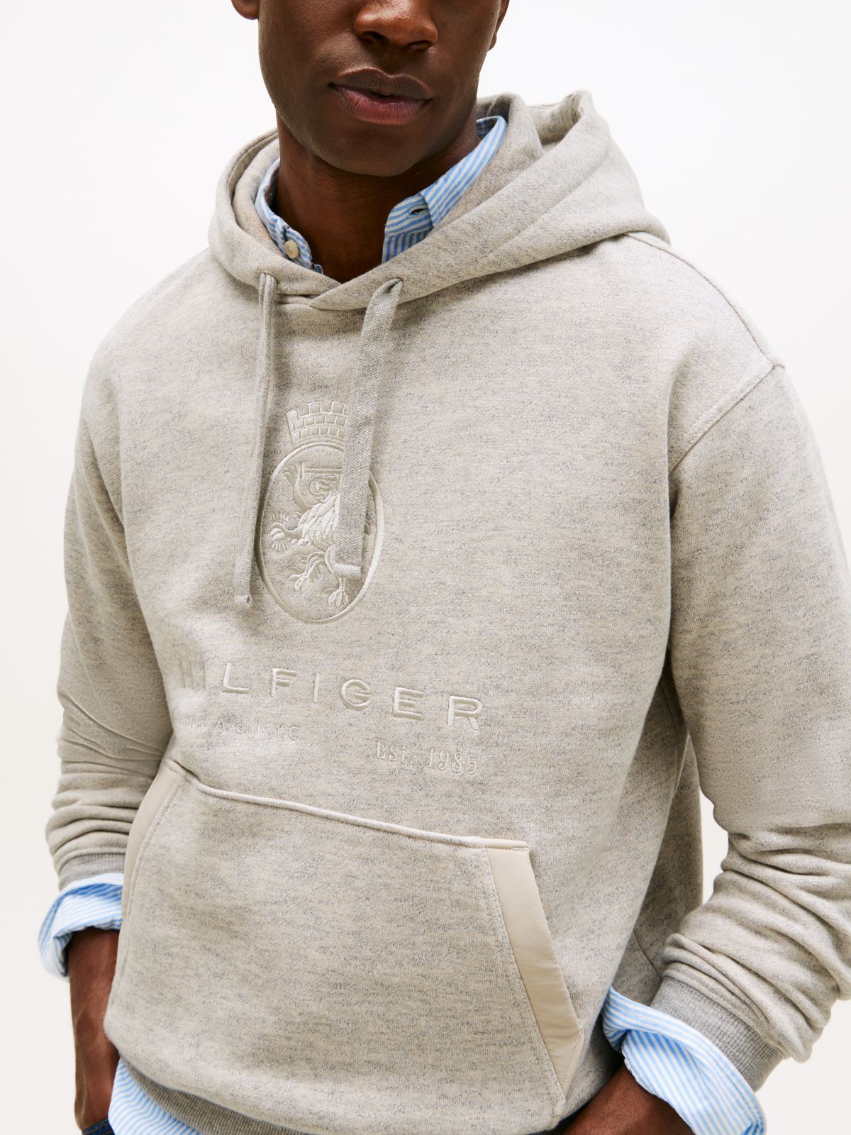 Varsity Crest Relaxed Fleece Hoody — Grey