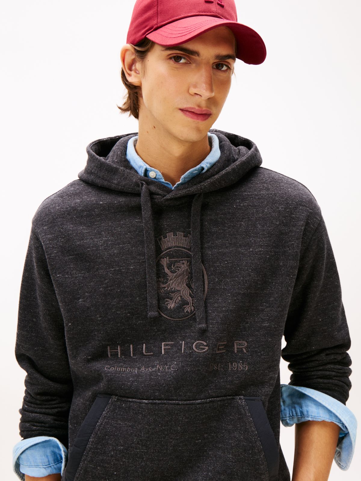 Varsity Crest Relaxed Fleece Hoody — Grey
