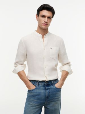 chemise coupe standard à rayures en lin lavé white pour hommes tommy hilfiger