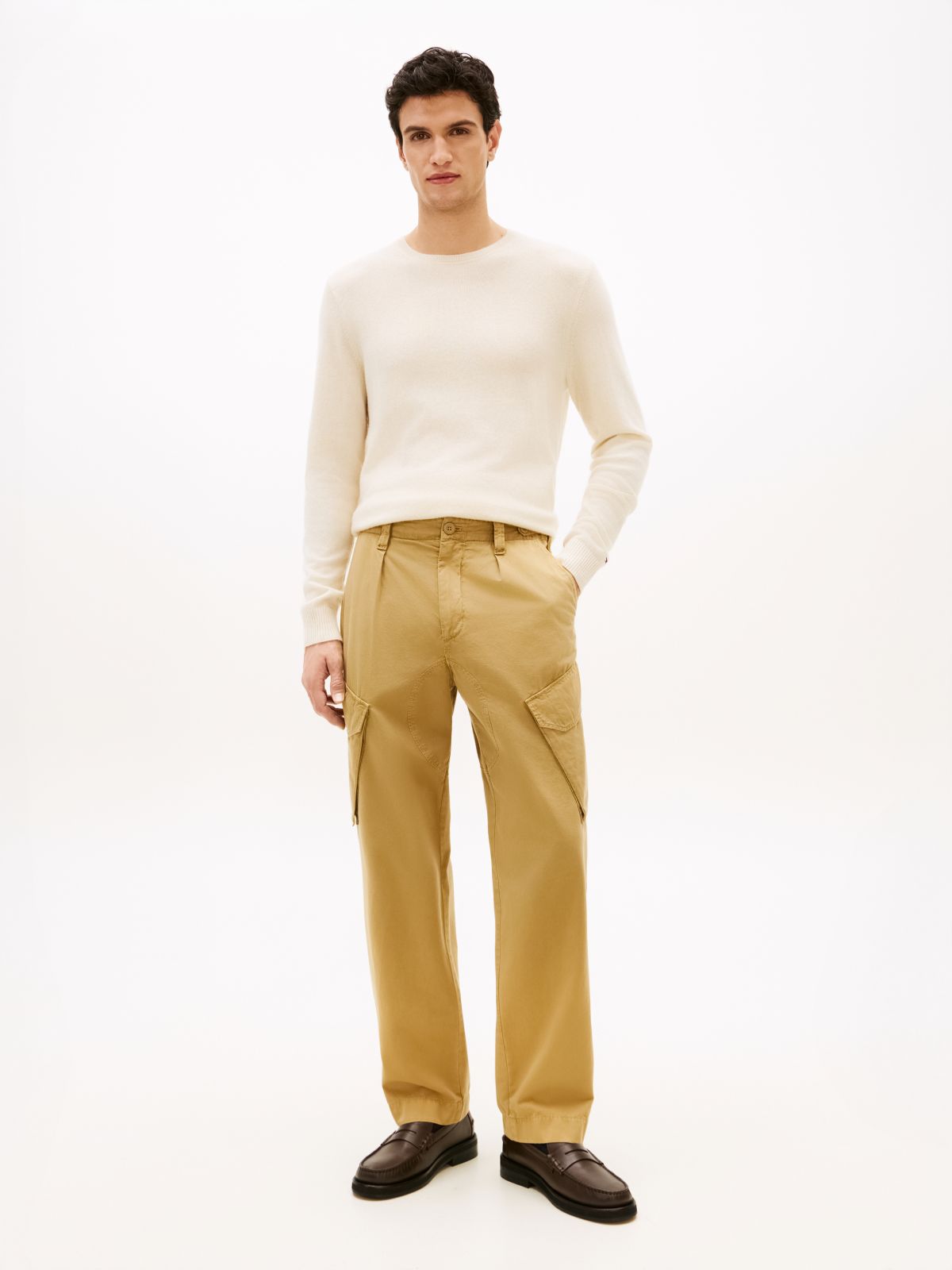 Straight Twill Cargo Trousers — Beige