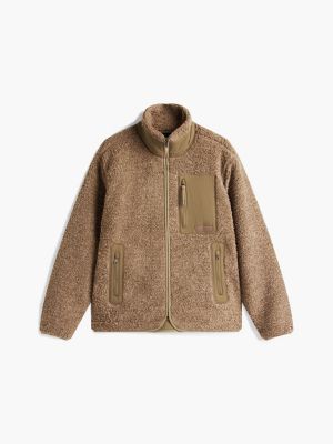 beige teddy fleece zip-thru sweatshirt for men tommy hilfiger