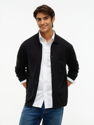 black relaxed fit strick-overshirt mit flag-stickerei für herren - tommy hilfiger