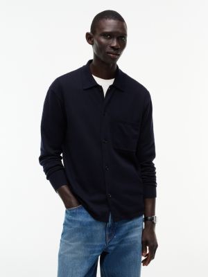 blue relaxed fit strick-overshirt mit flag-stickerei für herren - tommy hilfiger