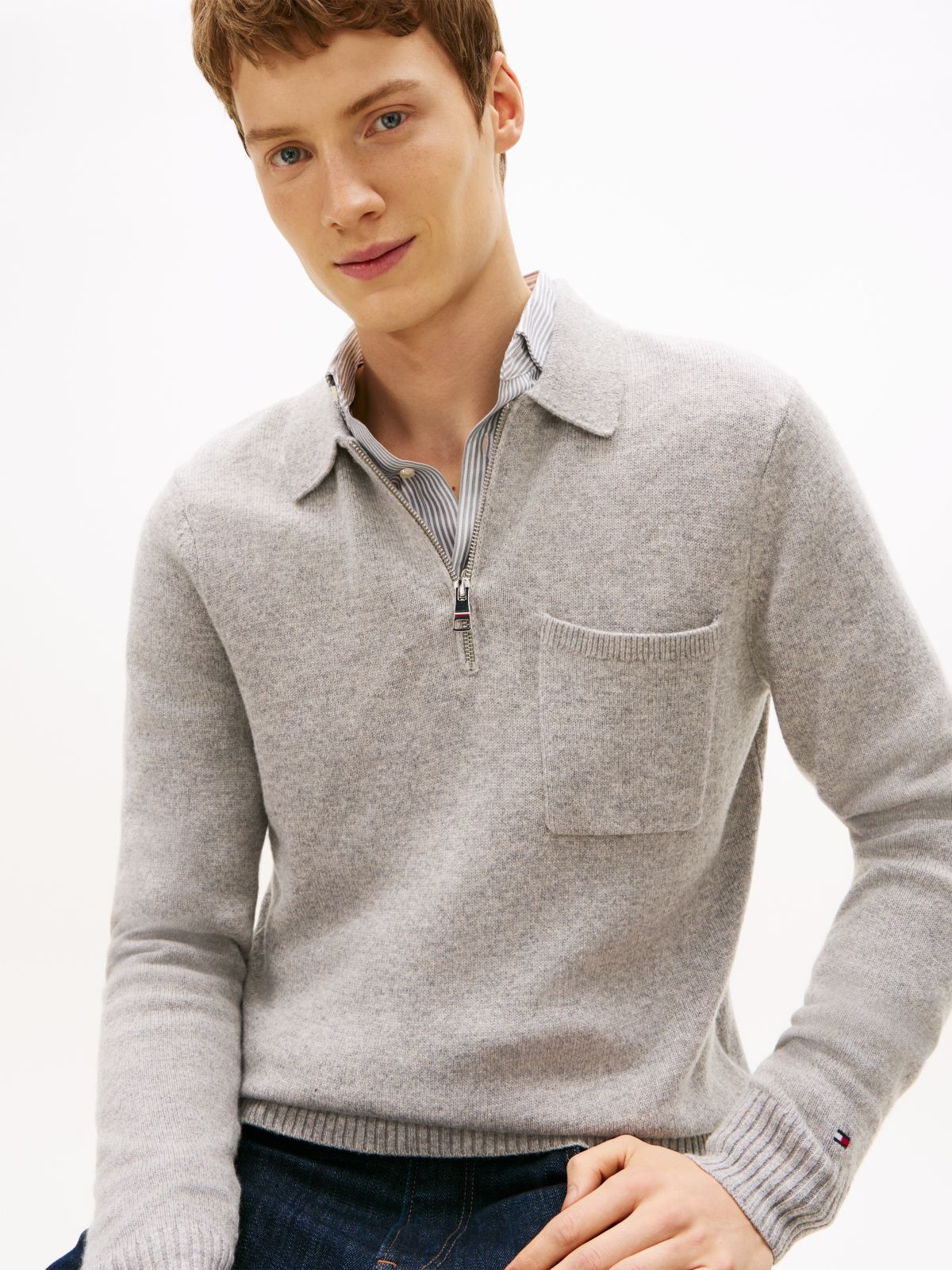 Pure Lambswool Zip Placket Polo Jumper — Grey