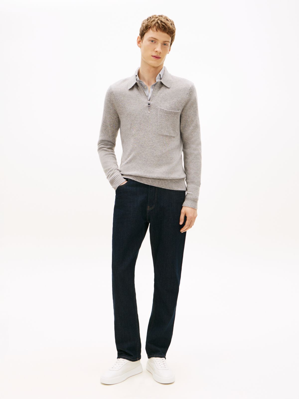 Pure Lambswool Zip Placket Polo Jumper — Grey