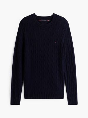 blue pure lambswool cable knit jumper for men tommy hilfiger