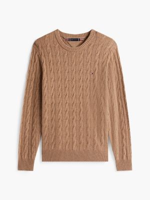 khaki pure lambswool cable knit jumper for men tommy hilfiger