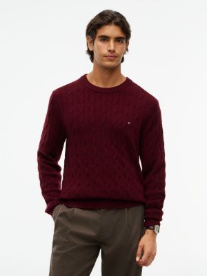 purple kabelgebreide trui van zuivere lamswol voor heren - tommy hilfiger