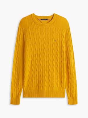 yellow pure lambswool cable knit jumper for men tommy hilfiger