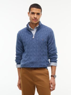 blue pure lambswool cable knit quarter-zip jumper for men tommy hilfiger