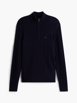 blue pure lambswool cable knit quarter-zip jumper for men tommy hilfiger