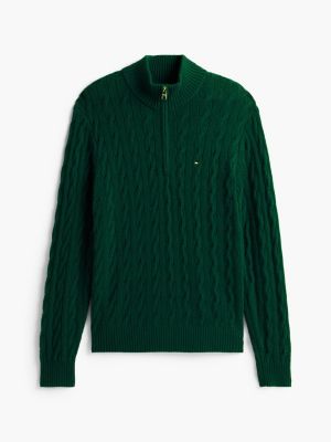 green pure lambswool cable knit quarter-zip jumper for men tommy hilfiger