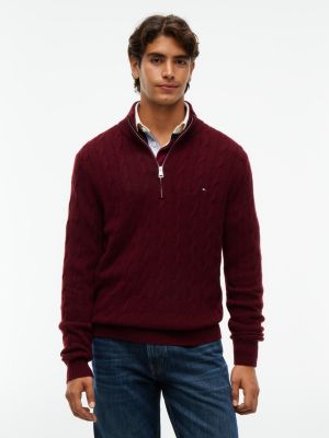purple pure lambswool cable knit quarter-zip jumper for men tommy hilfiger