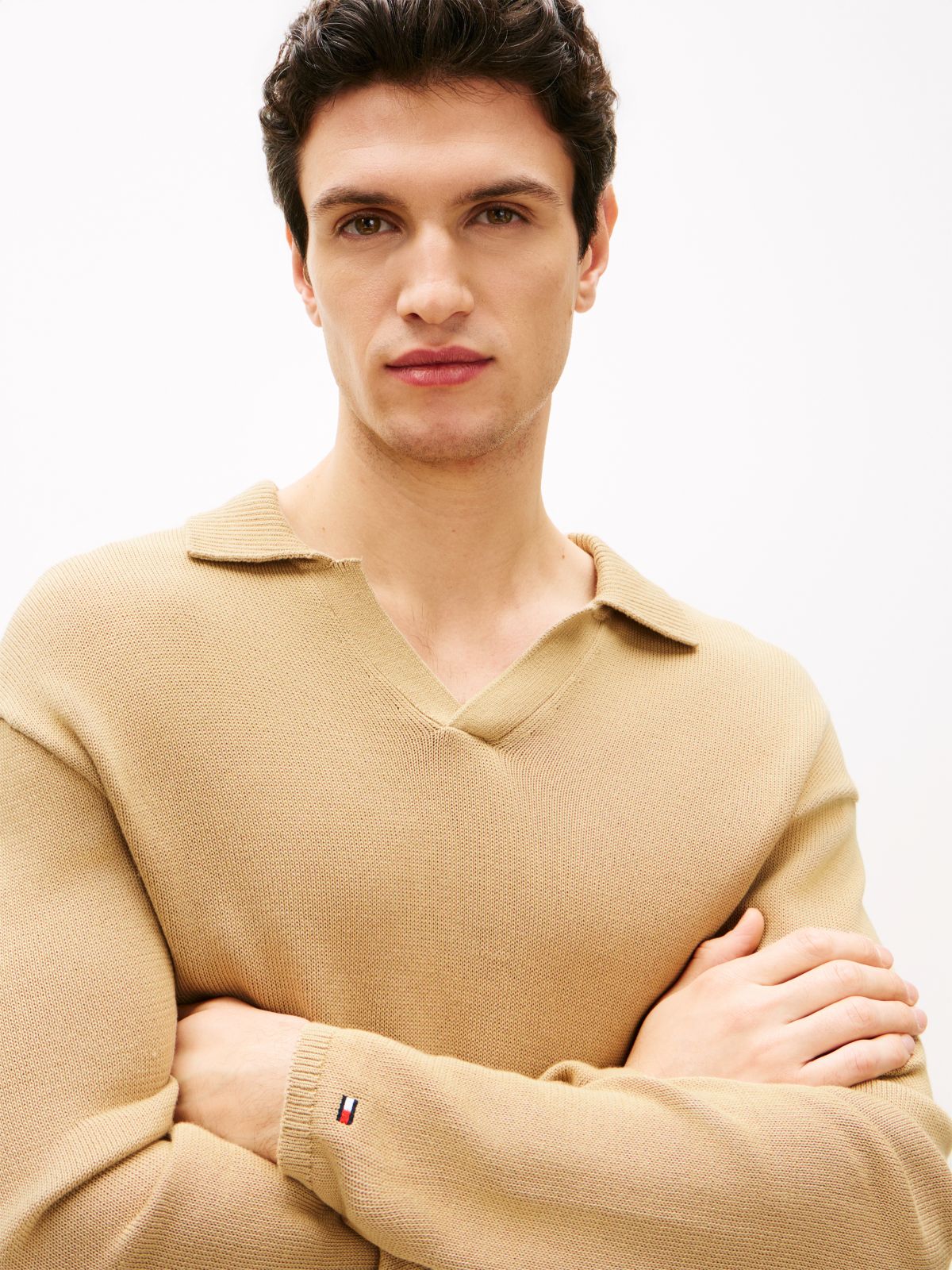 Lightweight Relaxed Open Placket Polo Jumper — Beige