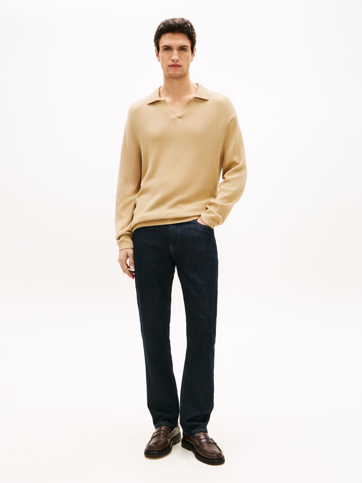 Lightweight Relaxed Open Placket Polo Jumper — Beige