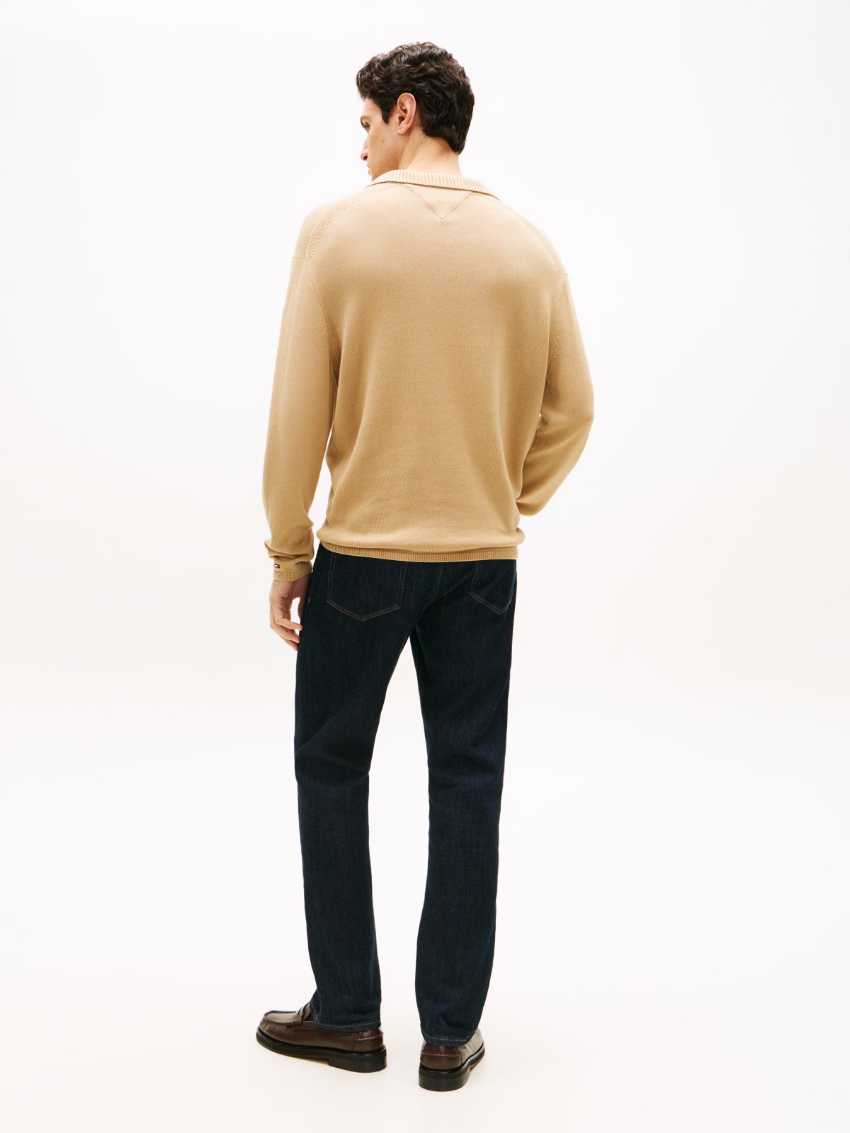 Lightweight Relaxed Open Placket Polo Jumper — Beige