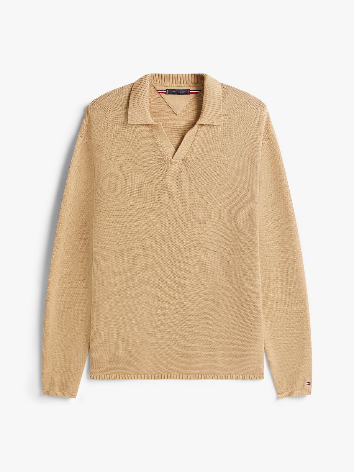 Lightweight Relaxed Open Placket Polo Jumper — Beige