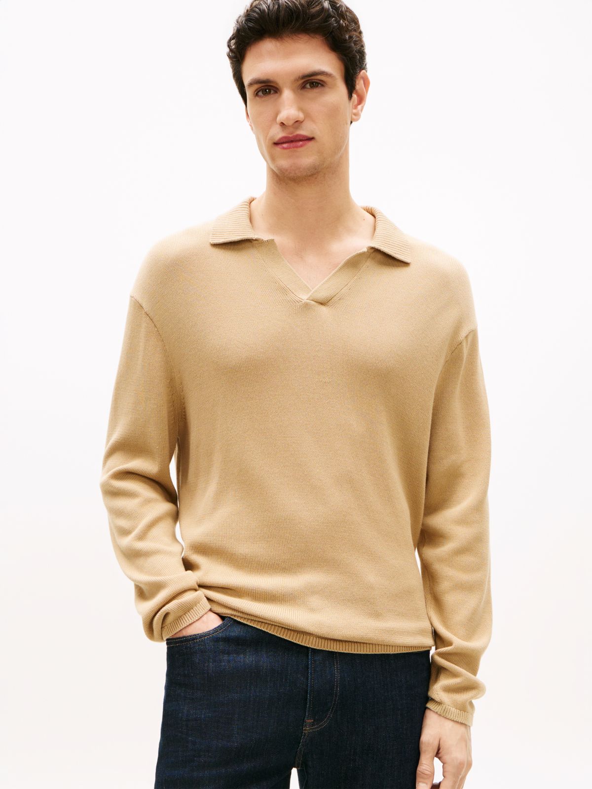 Lightweight Relaxed Open Placket Polo Jumper — Beige