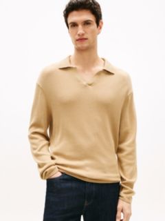 Lightweight Relaxed Open Placket Polo Jumper — Beige 1