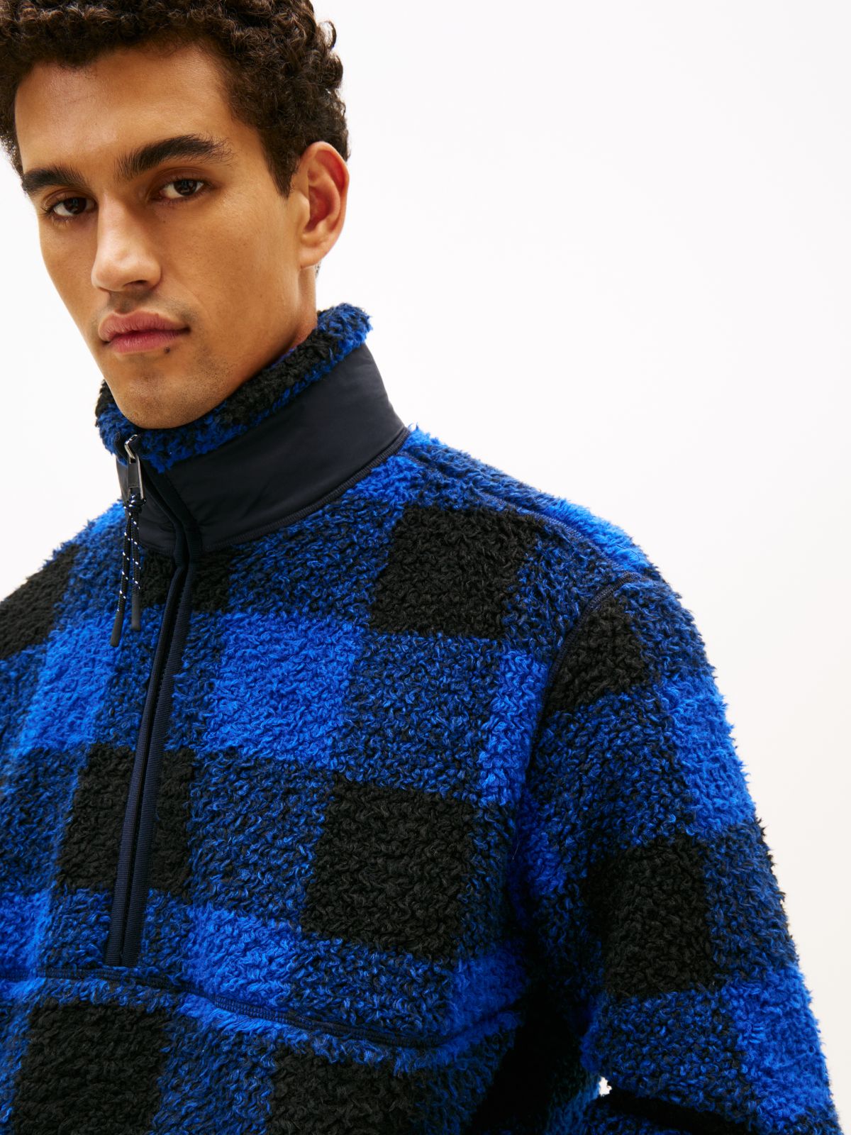 Teddy Check Quarter-Zip Jumper — Blue
