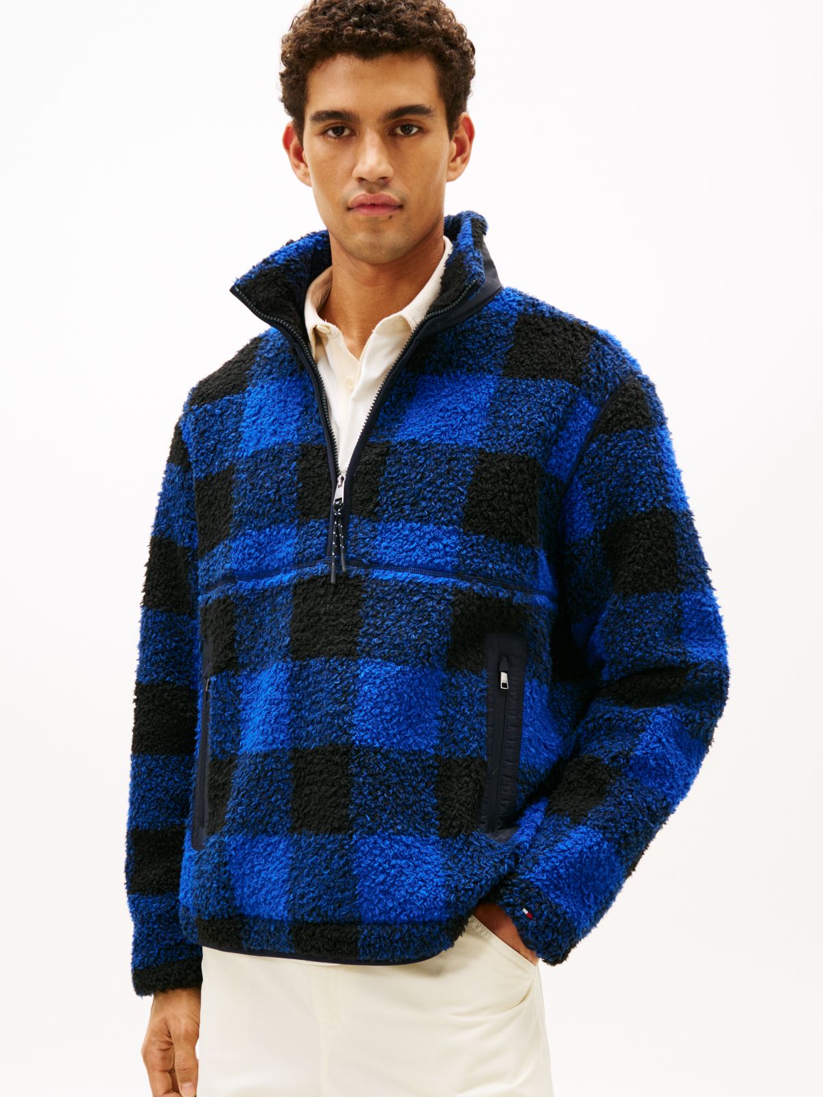 Teddy Check Quarter-Zip Jumper — Blue