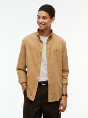 beige regular fit fine corduroy shirt for men tommy hilfiger