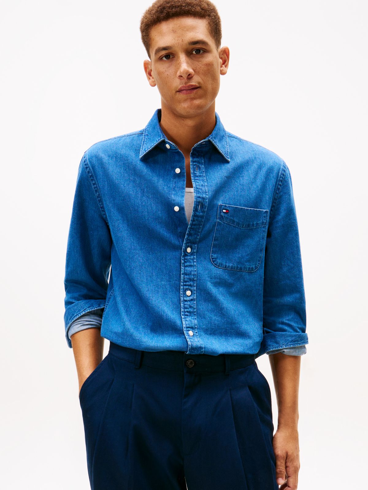 Regular Fit Flag Embroidery Denim Shirt — Blue