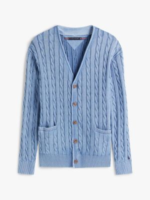 cárdigan amplio de punto trenzado azul de hombres tommy hilfiger