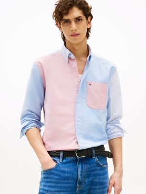 blue;multi colour-blocked stripe relaxed fit shirt for men tommy hilfiger