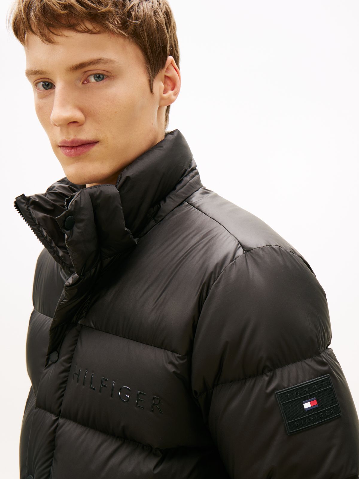Water Repellent Down Hooded Puffer Jacket — Black