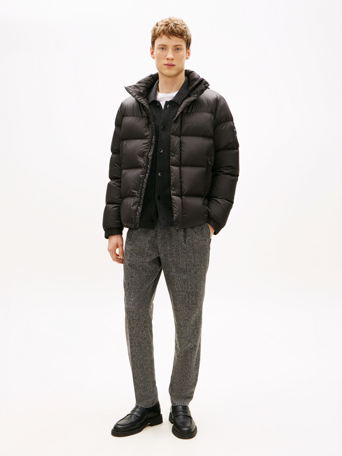 Water Repellent Down Hooded Puffer Jacket — Black