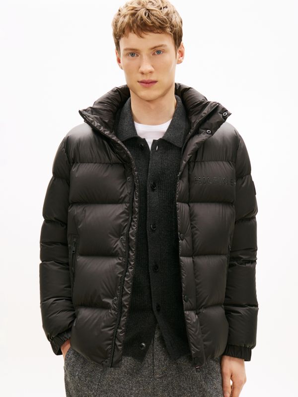 Water Repellent Down Hooded Puffer Jacket — Black