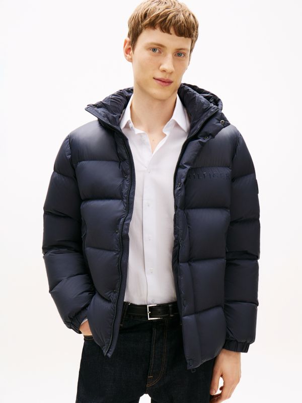 Water Repellent Down Hooded Puffer Jacket — Blue
