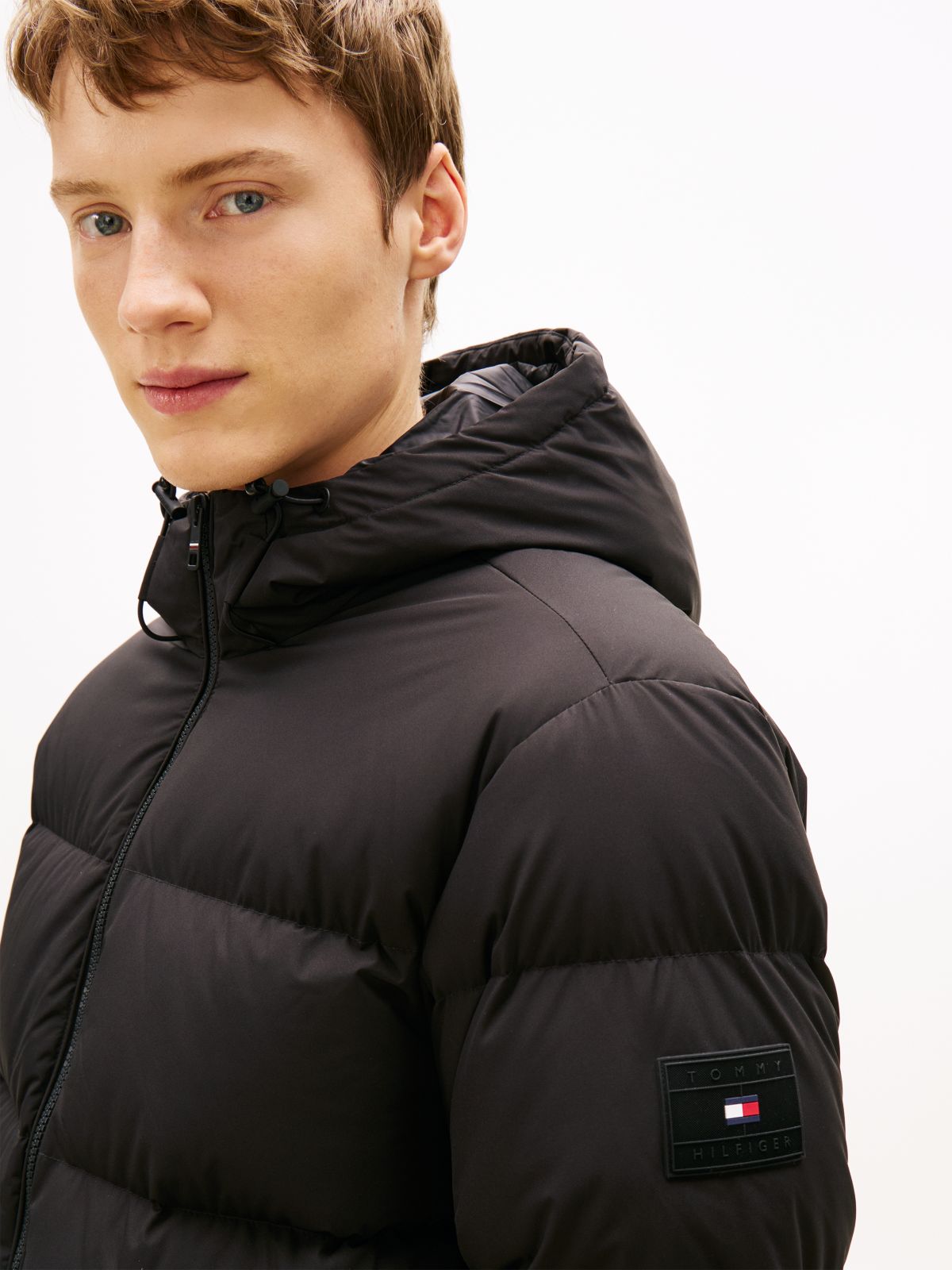 Water Repellent Down Hooded Puffer Jacket — Black