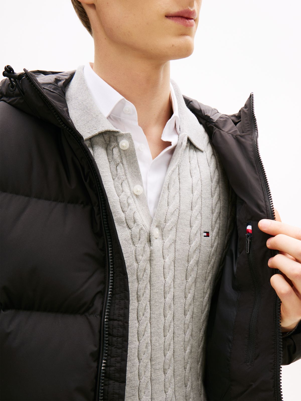 Water Repellent Down Hooded Puffer Jacket — Black
