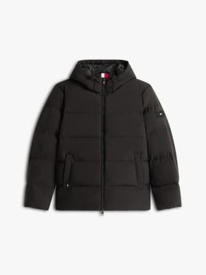 black water repellent down hooded puffer jacket for men tommy hilfiger