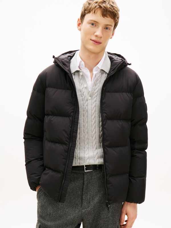 Water Repellent Down Hooded Puffer Jacket — Black