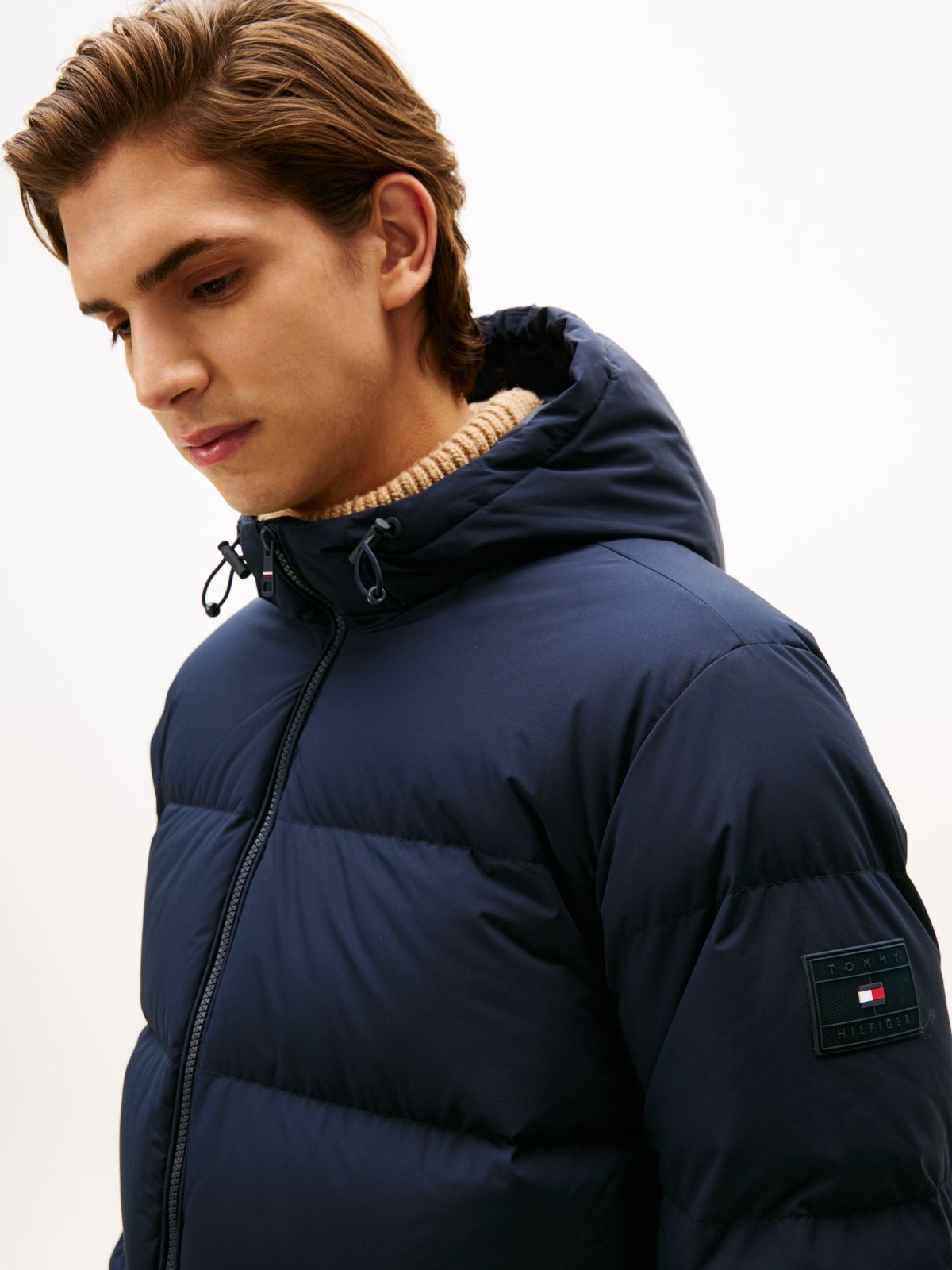 Water Repellent Down Hooded Puffer Jacket — Blue