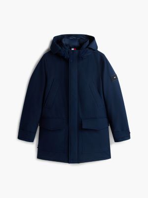 blue logo patch down hooded rockie parka for men tommy hilfiger
