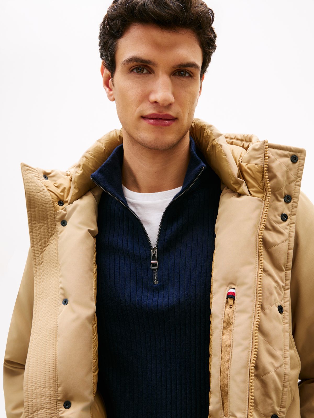 Logo Patch Down Hooded Rockie Parka — Beige