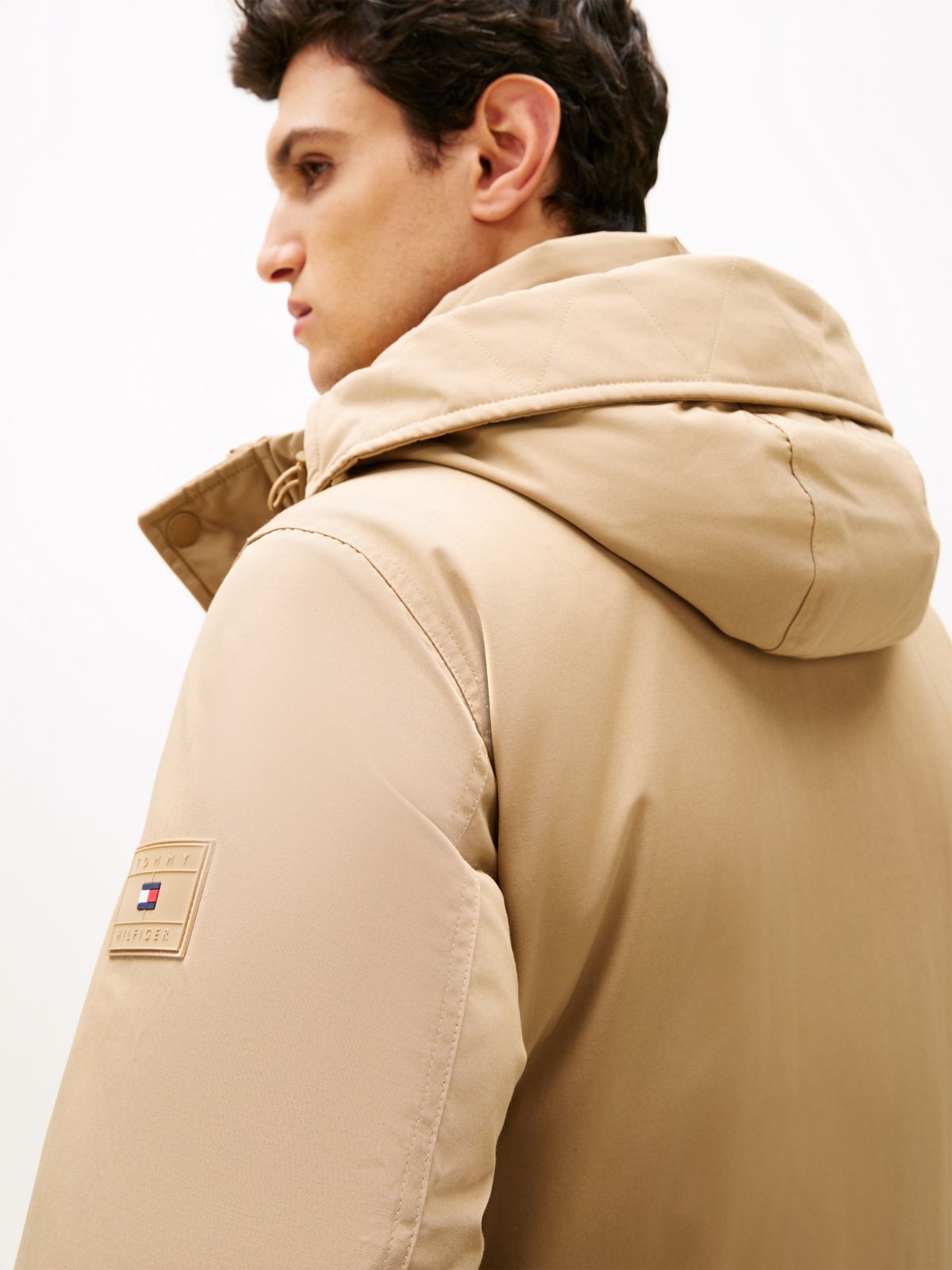 Logo Patch Down Hooded Rockie Parka — Beige