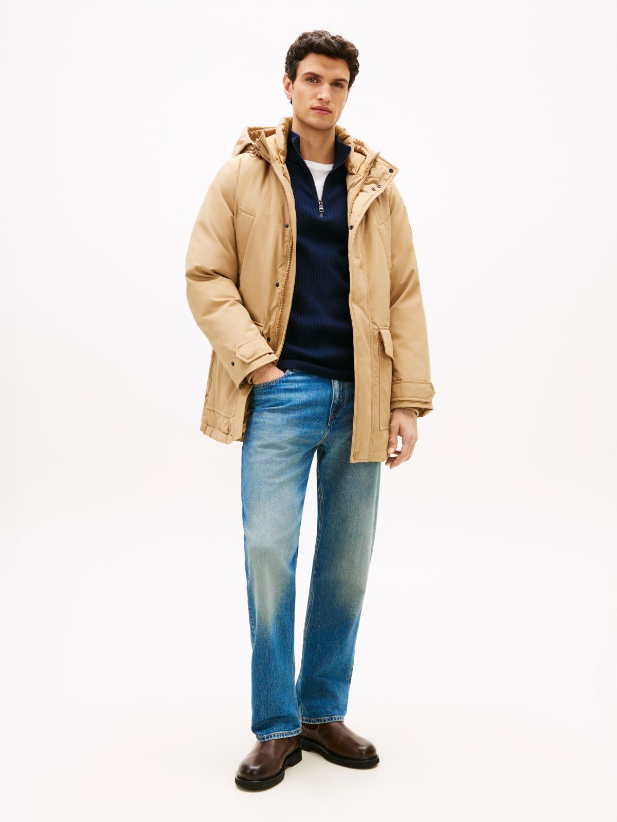 Logo Patch Down Hooded Rockie Parka — Beige