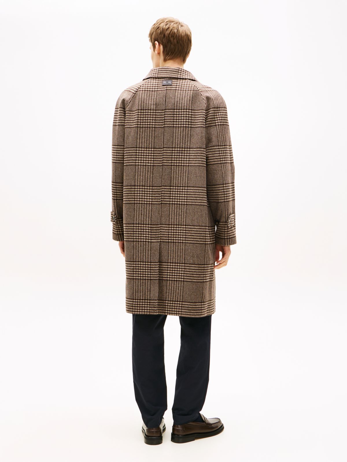Relaxed Wool Blend Check Coat — Brown