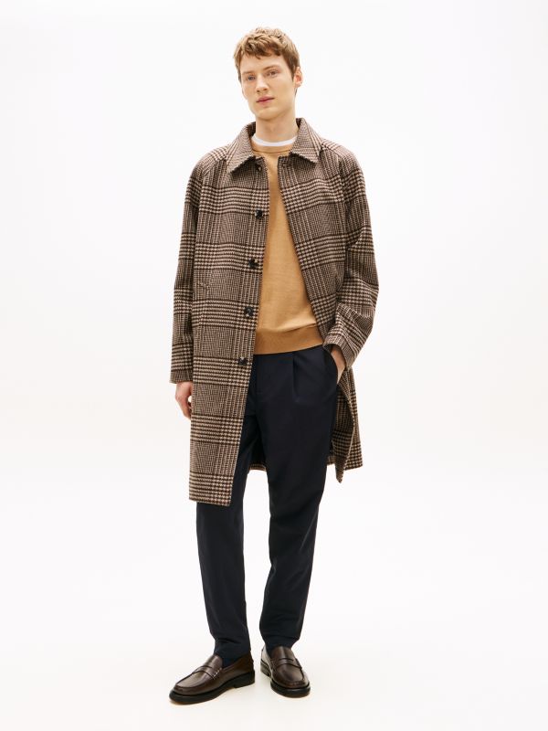 Relaxed Wool Blend Check Coat — Brown