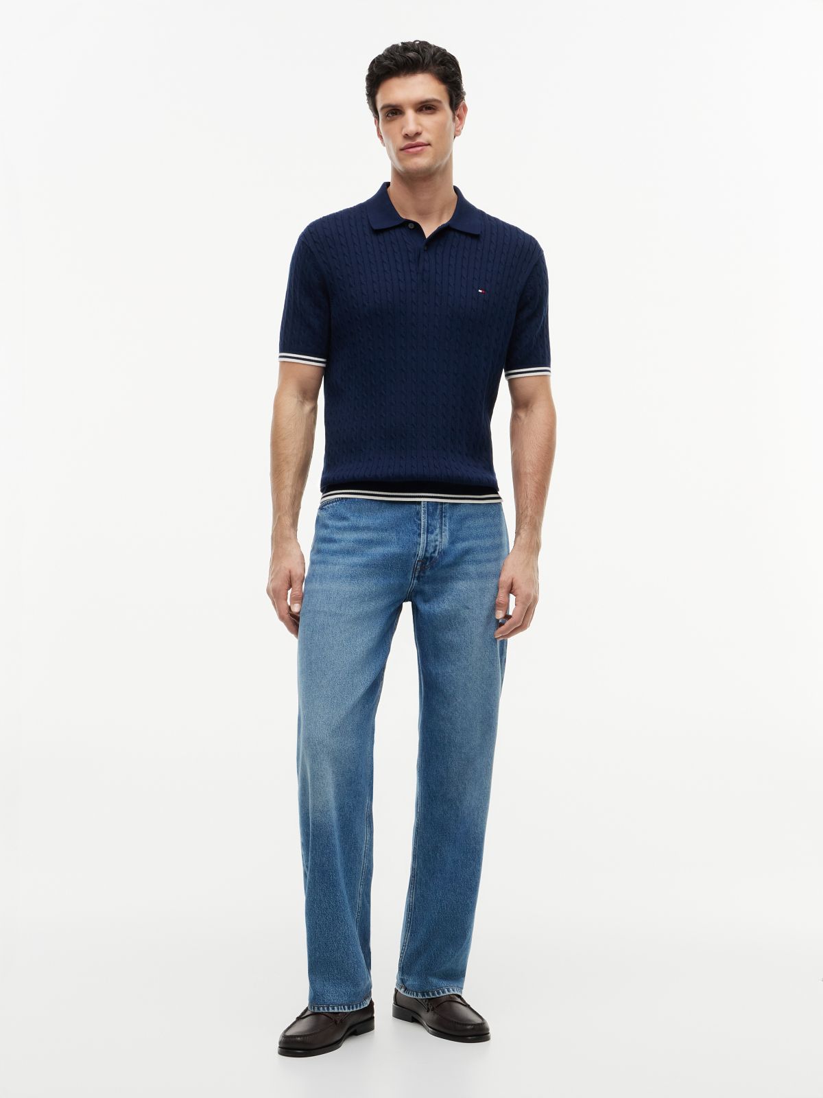 Cable Knit Short Sleeve Polo Jumper — Blue